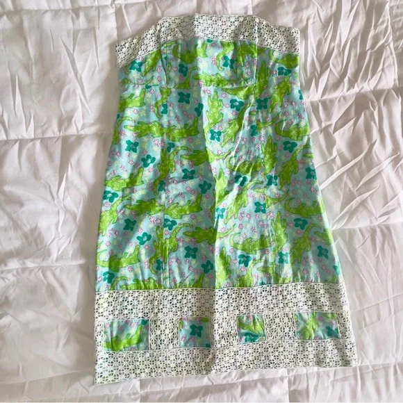Lilly Pulitzer Strapless Alligator Print Dress Lace Coquette Sundress - Picture 2 of 4